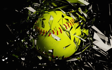a 3d render of a softball breaking glass against a black background.
