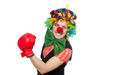 Fototapeta na wymiar Female clown with box gloves isolated on white