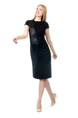 Fototapeta premium Pretty pregnant woman in black dress isolated on white