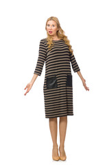 Pretty woman in brown dress isolated on white