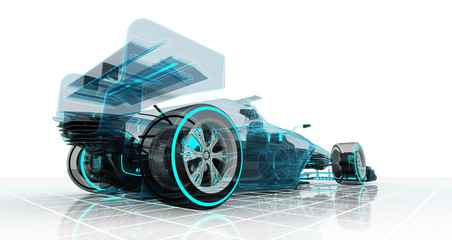formula car technology wireframe sketch perspective back view - obrazy, fototapety, plakaty