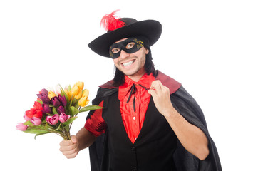 Young man in carnival coat isolated on white