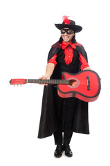 Young man in carnival coat  with guitar isolated on white