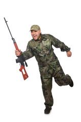 Running soldier with a handgun isolated on white