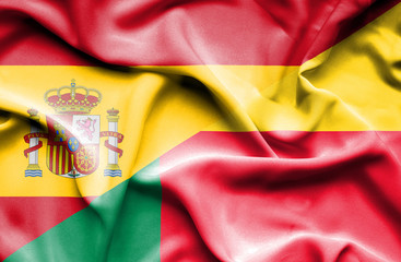 Waving flag of Benin and Spain