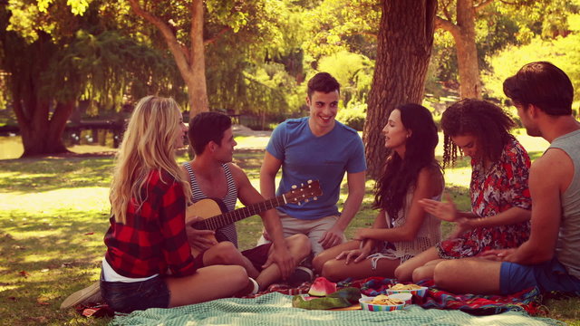 Happy friends in the park having picnic and playing guitar