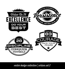 badge label collection with virtues- positive character traits on retro style crests