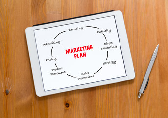 Digital Tablet and pen on a desk and presenting marketing planni