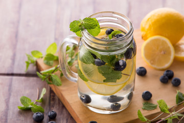 Summer fresh fruit drink. fruit Flavored water mix with lemon, b