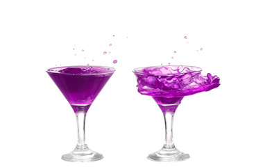 collage  purple cocktail with splash isolated on white background