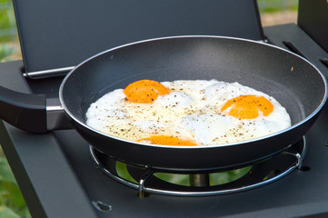 Three eggs on the frying pan.