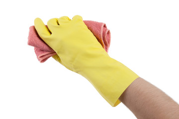 Hand wearing rubber glove and hold rag(mop)