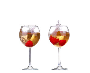 collage  Single Strawberry splashing into a glass of wine