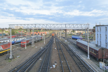 Fototapeta na wymiar Major train station. Rails stretching into the distance. Flaw de