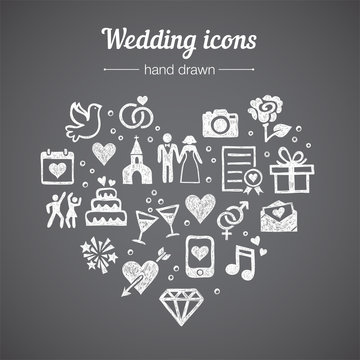 Hand drawn vector set of wedding icons: marriage, rings, couple, bride, groom, love