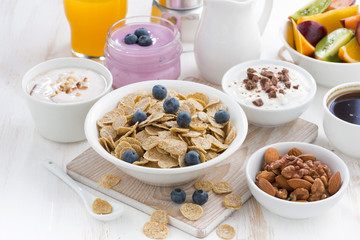 crunchy flakes with blueberries and various yogurts 