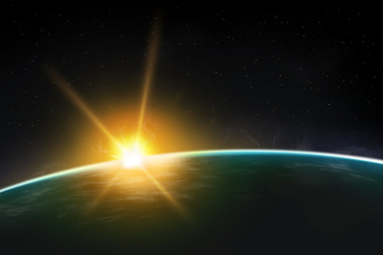 View of planet sunrise / sunset. Beautiful universe realistic illustration. Planet wallpaper.