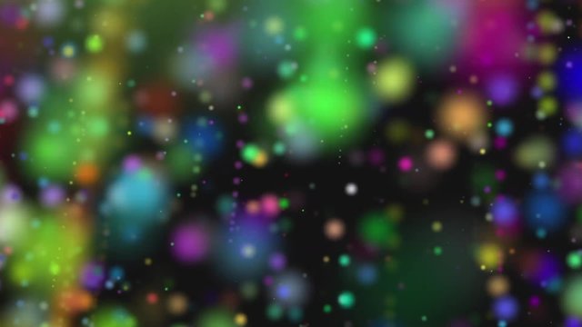 Animation of colorful snow falling. Sphere orbs falling on black