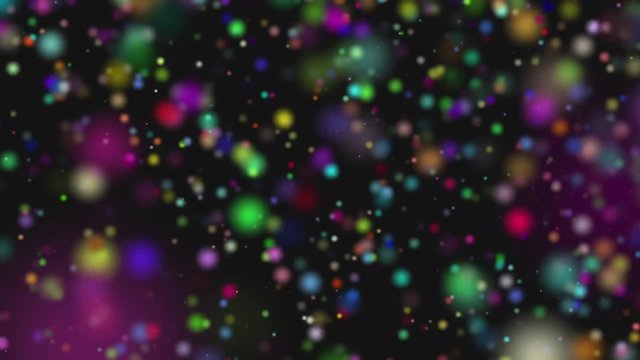 Animation of colorful snow falling. Sphere orbs falling on black