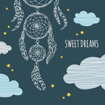 Hand sketched dreamcatcher. Ethnic decoration element for sweet dreams