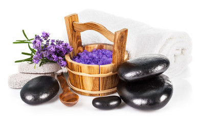 Spa still life with lavender saltl isolated on white background