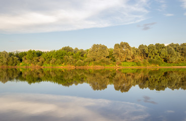 Sunny day on a calm river in summer