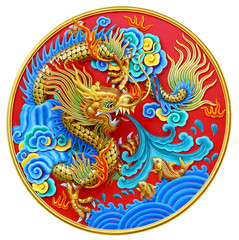 Chinese dragon statue with red background on the temple wall clipping path.