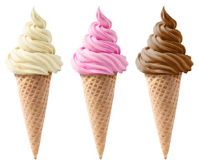 Ice cream cone wafer isolated set with vanilla, chocolate and strawberry - 86644738