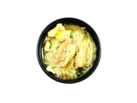 chicken noodle thai food on white background