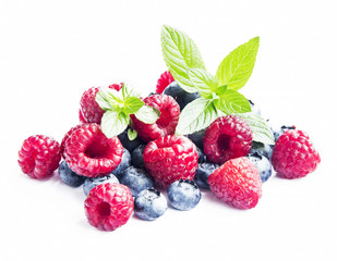 Blueberries and Raspberries with Mint Isolated