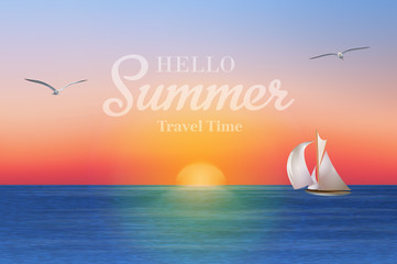 Sunrise in the sea with a sailboat and seagulls. Summer holidays