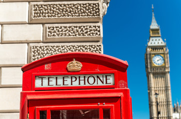 Fototapeta na wymiar Red Telephone Booth and Big Ben in London street