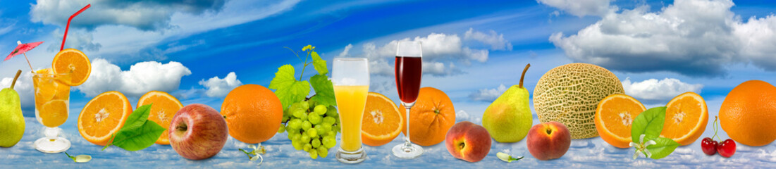  different fruits on a background of the sky