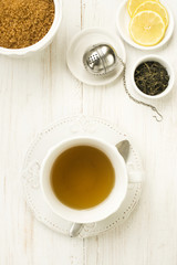 cup of tea with lemon and sugar