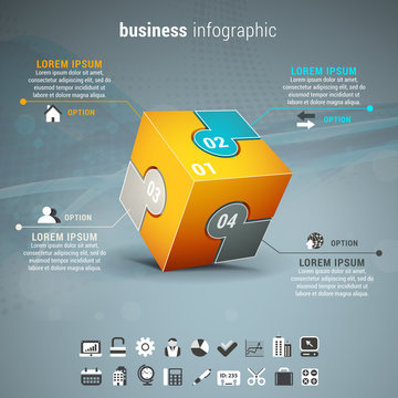Business infographic with cube made of puzzle.