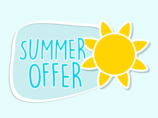 summer offer with yellow sun sign, blue flat design label
