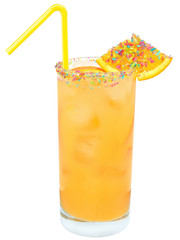 Cocktail with orange juice and ice cube decorated with multicolo