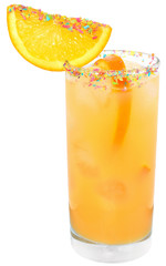 Cocktail with orange juice and ice cube decorated with multicolo
