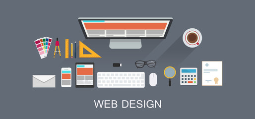 Flat design vector illustration of mobile and desktop website design 