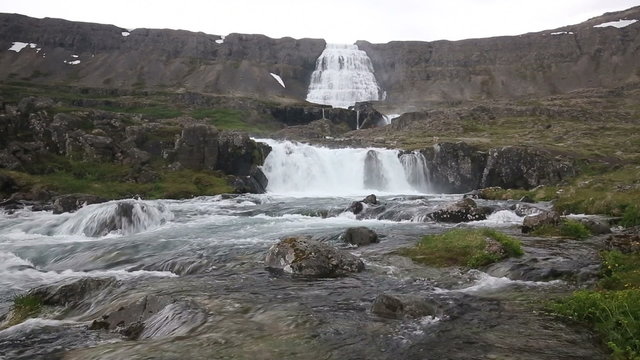Dynjandi is a series of waterfalls located in the Westfjords, Iceland. The waterfalls have a cumulative height of 100 metres.