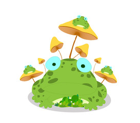 Frogs and mushroom on white background