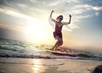 Beach Woman Jumping Summer Holiday Chilling Concept