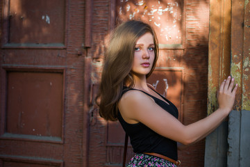 Girl with red lips in wearing
