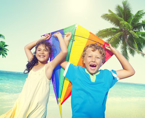 Children Playing Kite Happiness Cheerful Beach Summer Concept