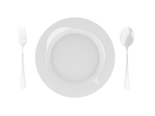fork and spoon with white plate on white background