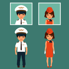 pilot and stewardess, airplane people, cartoon vector illustration 
