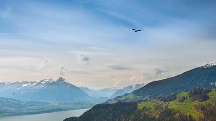 Mountainous landscape in central Switzerland,
Aerial View. Hang gliding