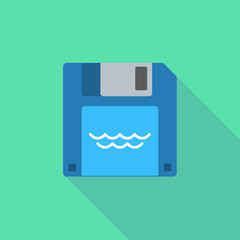 Long shadow floppy icon with a water sign