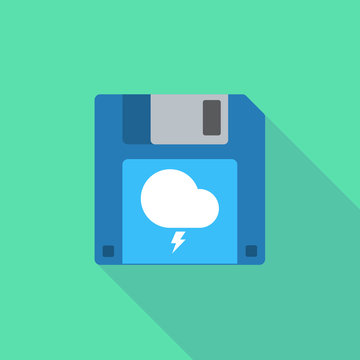 Long shadow floppy icon with a stormy cloud