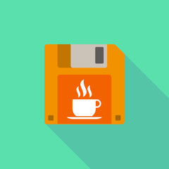 Long shadow floppy icon with a cup of coffee